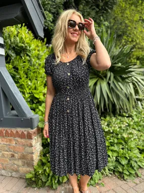 Black Ditsy Floral Button Dress Davina