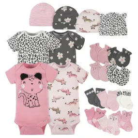 18-Piece Baby Girls Leopard Onesies® Bodysuit, Mitten, Cap, & Sock Set