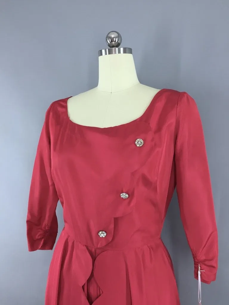 1950s Vintage Raspberry Red Taffeta Cocktail Dress