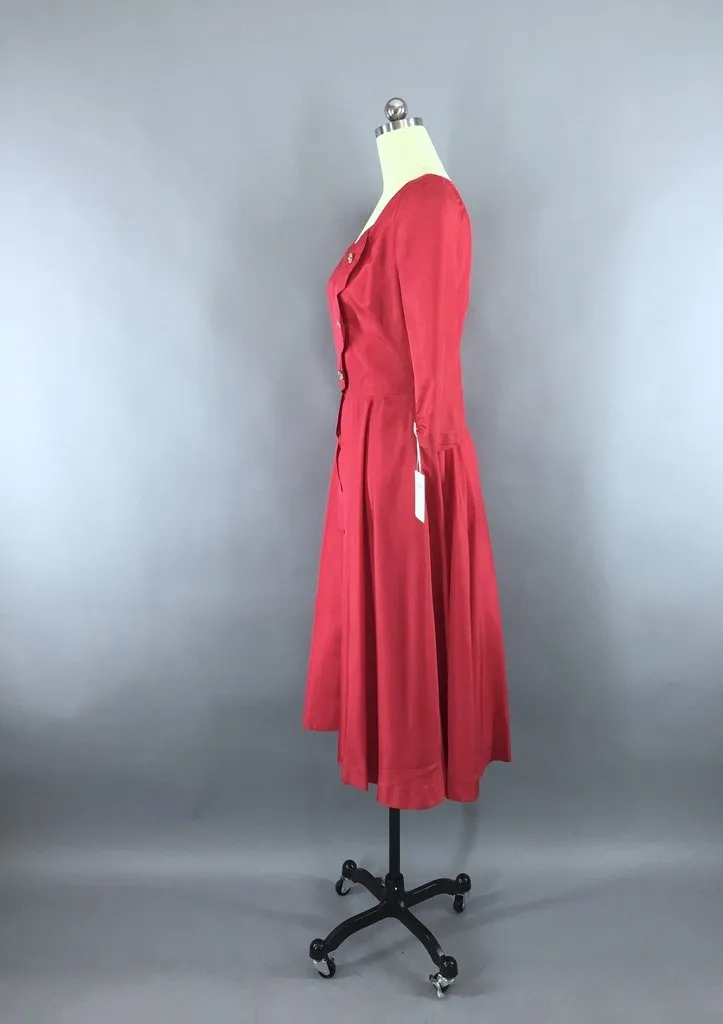 1950s Vintage Raspberry Red Taffeta Cocktail Dress