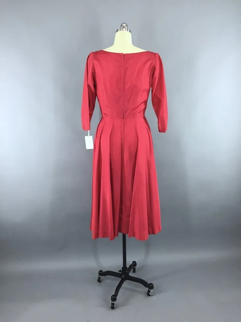 1950s Vintage Raspberry Red Taffeta Cocktail Dress