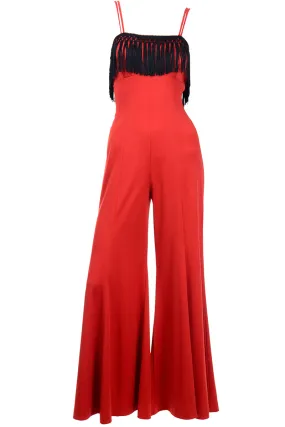 1970s Fredericks of Hollywood Red Jersey Jumpsuit with Black Fringe