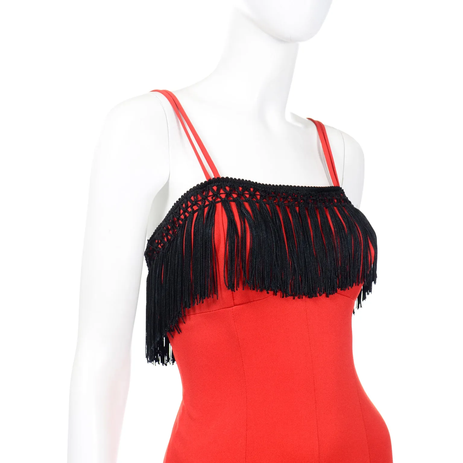 1970s Fredericks of Hollywood Red Jersey Jumpsuit with Black Fringe