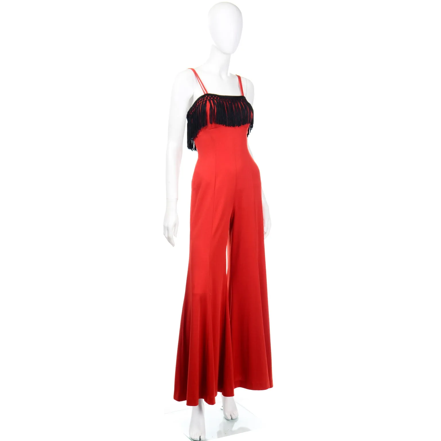 1970s Fredericks of Hollywood Red Jersey Jumpsuit with Black Fringe