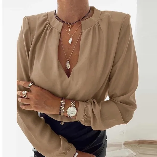 2021 Women's Long Sleeve V-Neck Ruffle Blouse Size M