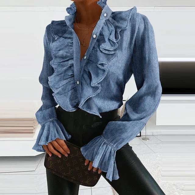 2021 Women's Long Sleeve V-Neck Ruffle Blouse Size M