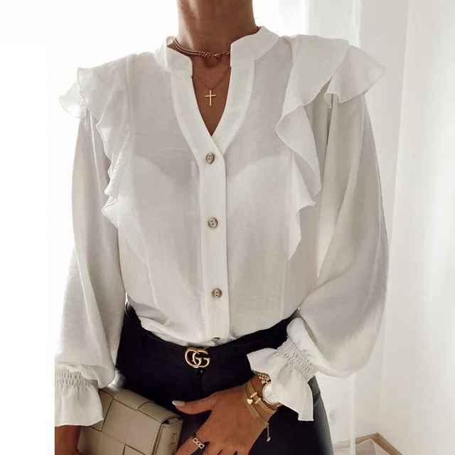 2021 Women's Long Sleeve V-Neck Ruffle Blouse Size M