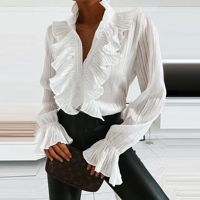 2021 Women's Long Sleeve V-Neck Ruffle Blouse Size M