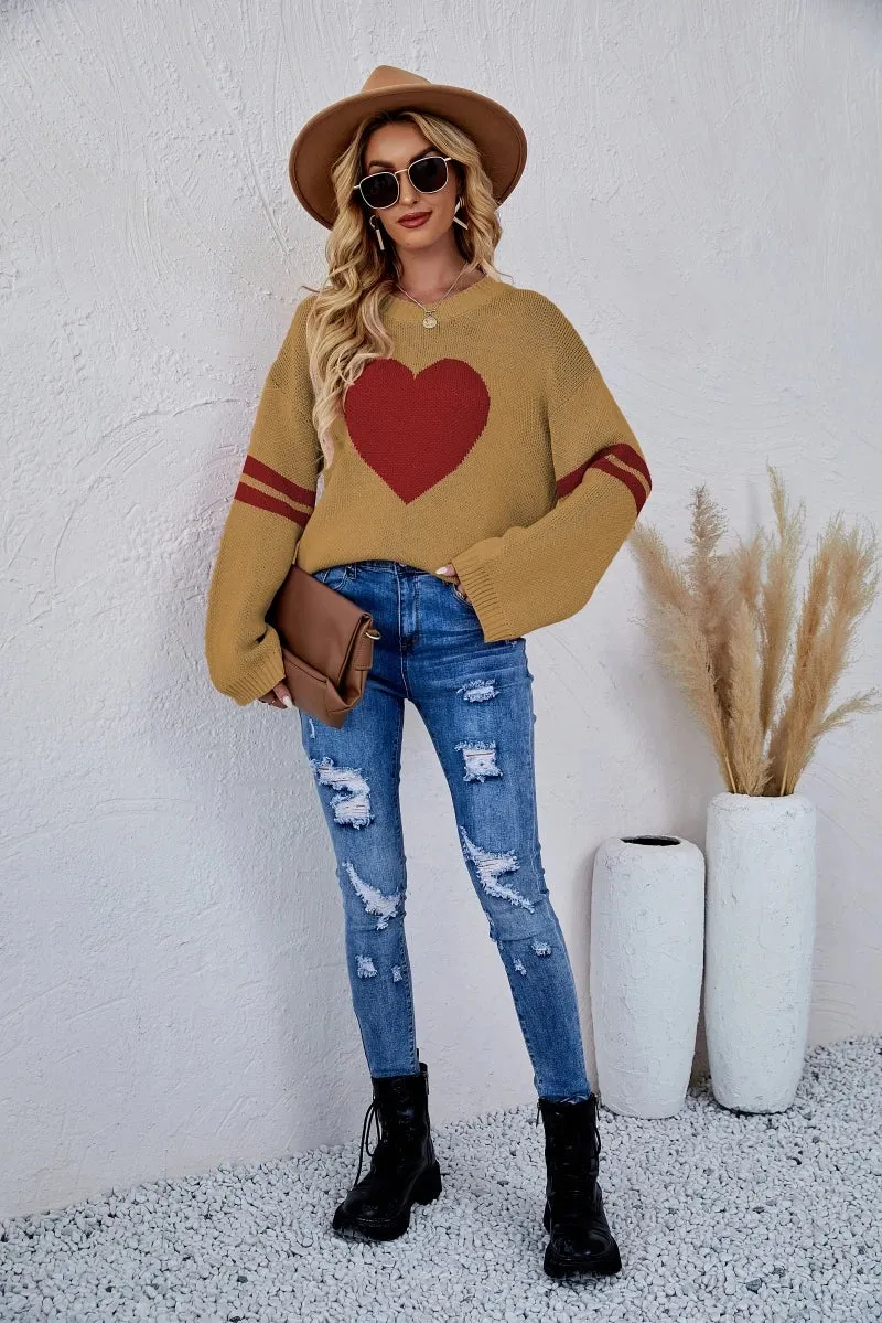 2024 New Winter Women's Loose Round Neck Knitted Pullover Love Long-sleeve Sweater