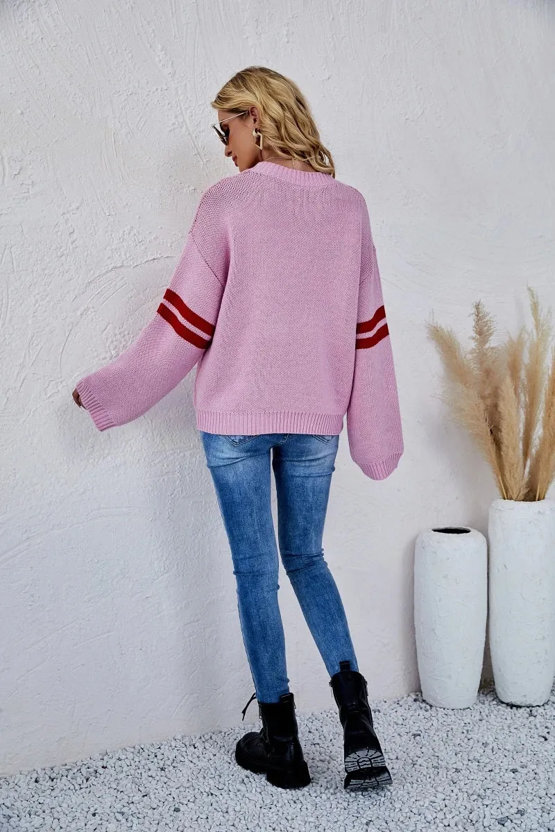 2024 New Winter Women's Loose Round Neck Knitted Pullover Love Long-sleeve Sweater