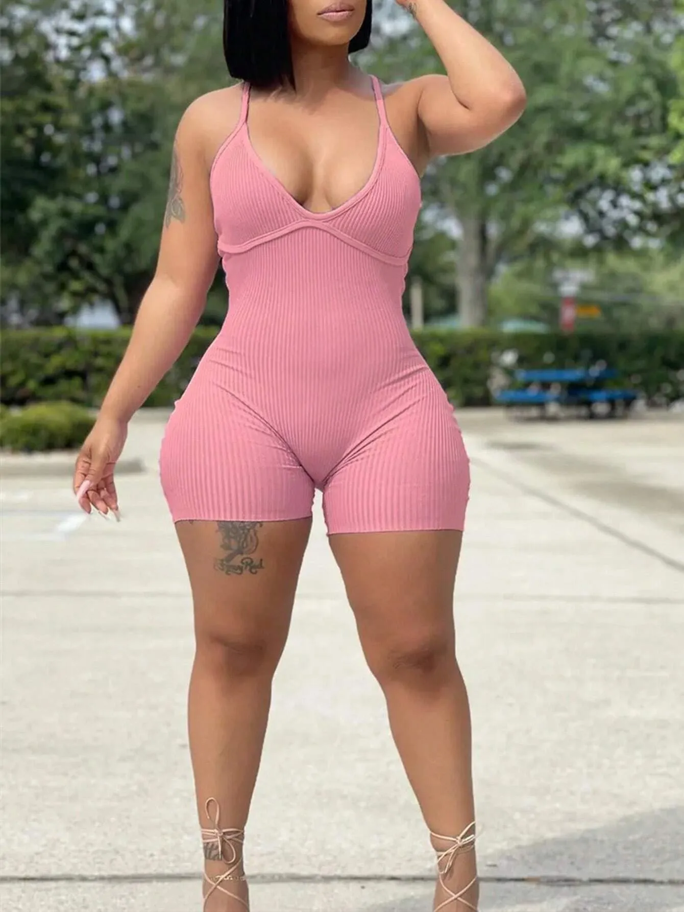 2024 Pure Color Ribbed Elastic Bodysuit Jumpsuits For Women, Sexy Short Rompers For Streetwear