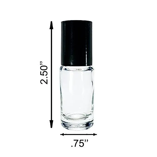 (24 Pack) 1/6 oz. (5 ml) Clear Glass Roll-on Bottle with Black Cap (Stainless Steel Ball)