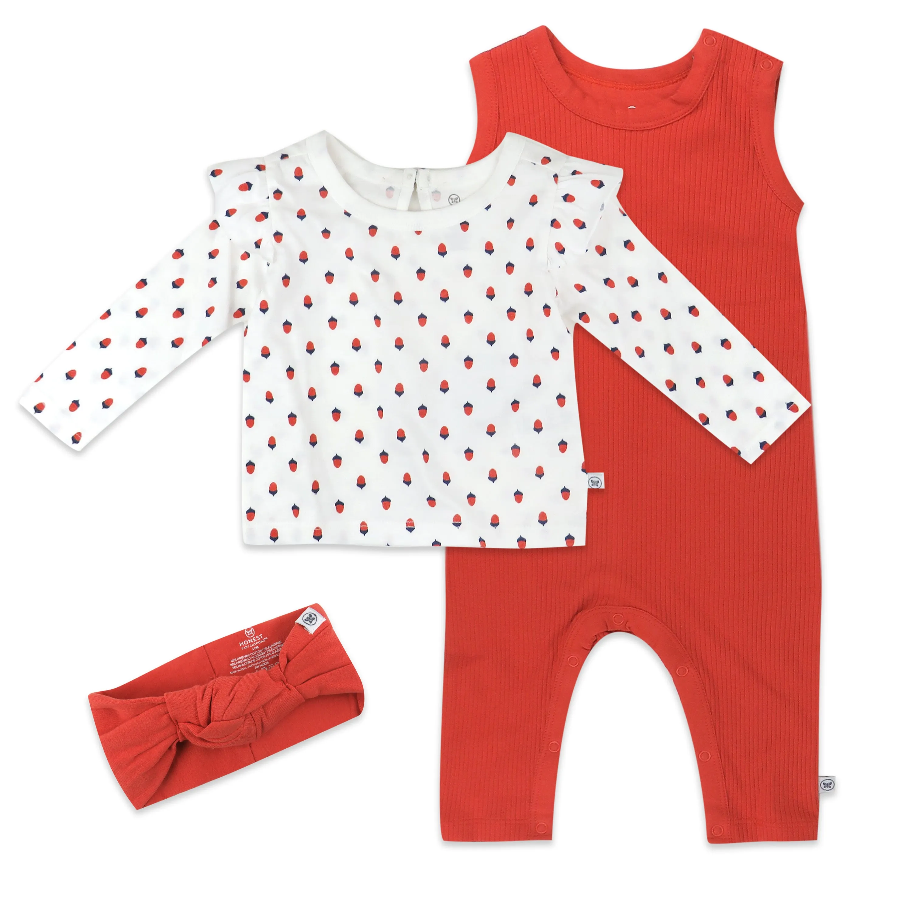 3-Piece Organic Cotton Sleeveless Rib Coverall, Long Ruffled Sleeve Shirt & Headband