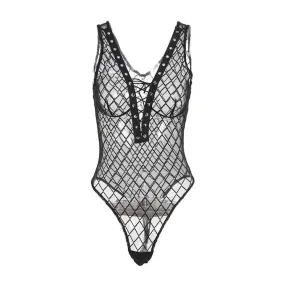 Alternative Goth 'Bad Girl' Black Fishnet Lace Up Black Bodysuit