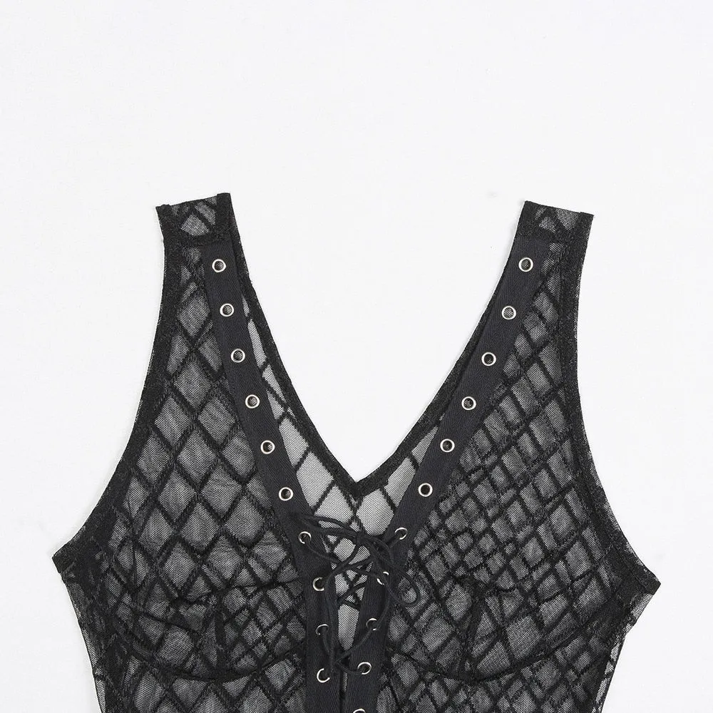 Alternative Goth 'Bad Girl' Black Fishnet Lace Up Black Bodysuit