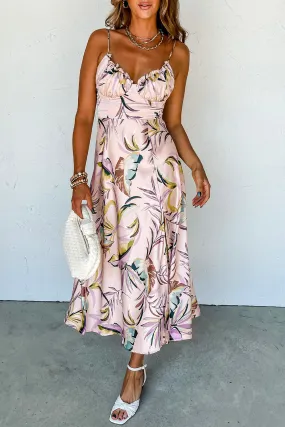 Apricot Tropical Print Spaghetti Straps Cupped Dress