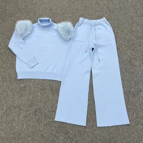 Baby Blue Faux Fur Shoulder Wide Leg Tracksuit