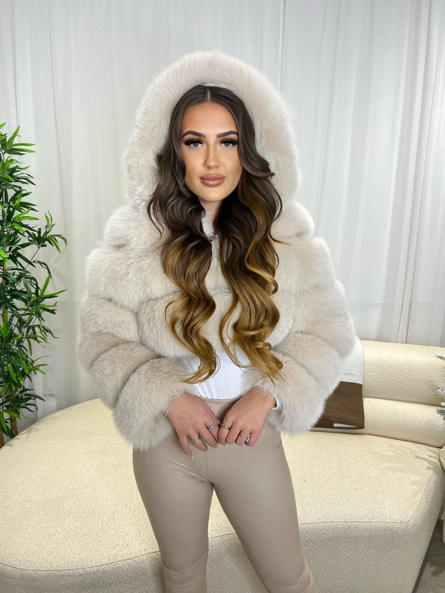 Beige Luxury Fur Hooded Jacket