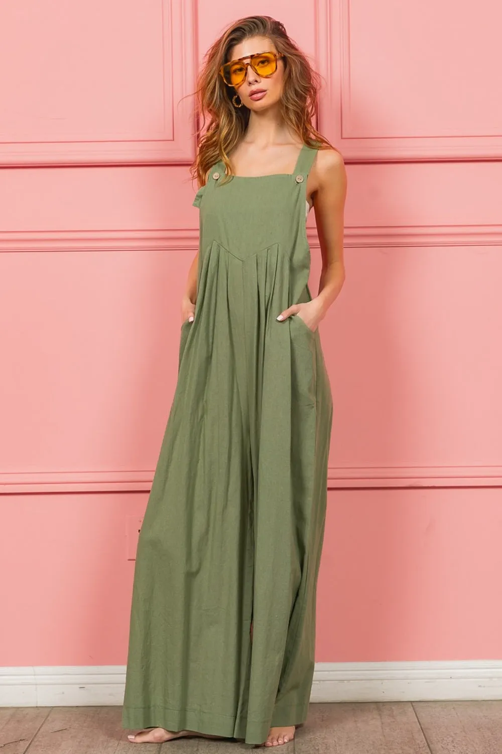 BiBi Ruched Wide Leg Overalls with Pockets - Online Exclusive