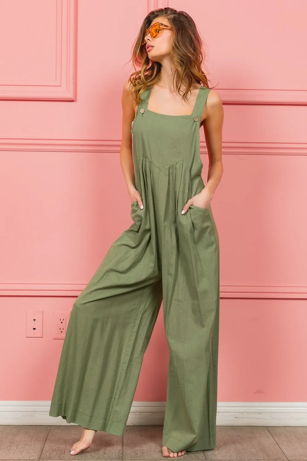 BiBi Ruched Wide Leg Overalls with Pockets - Online Exclusive