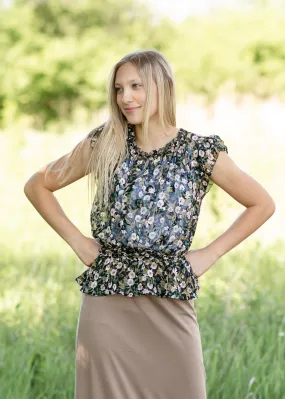 Black Floral Ruffle Chiffon Blouse - FINAL SALE