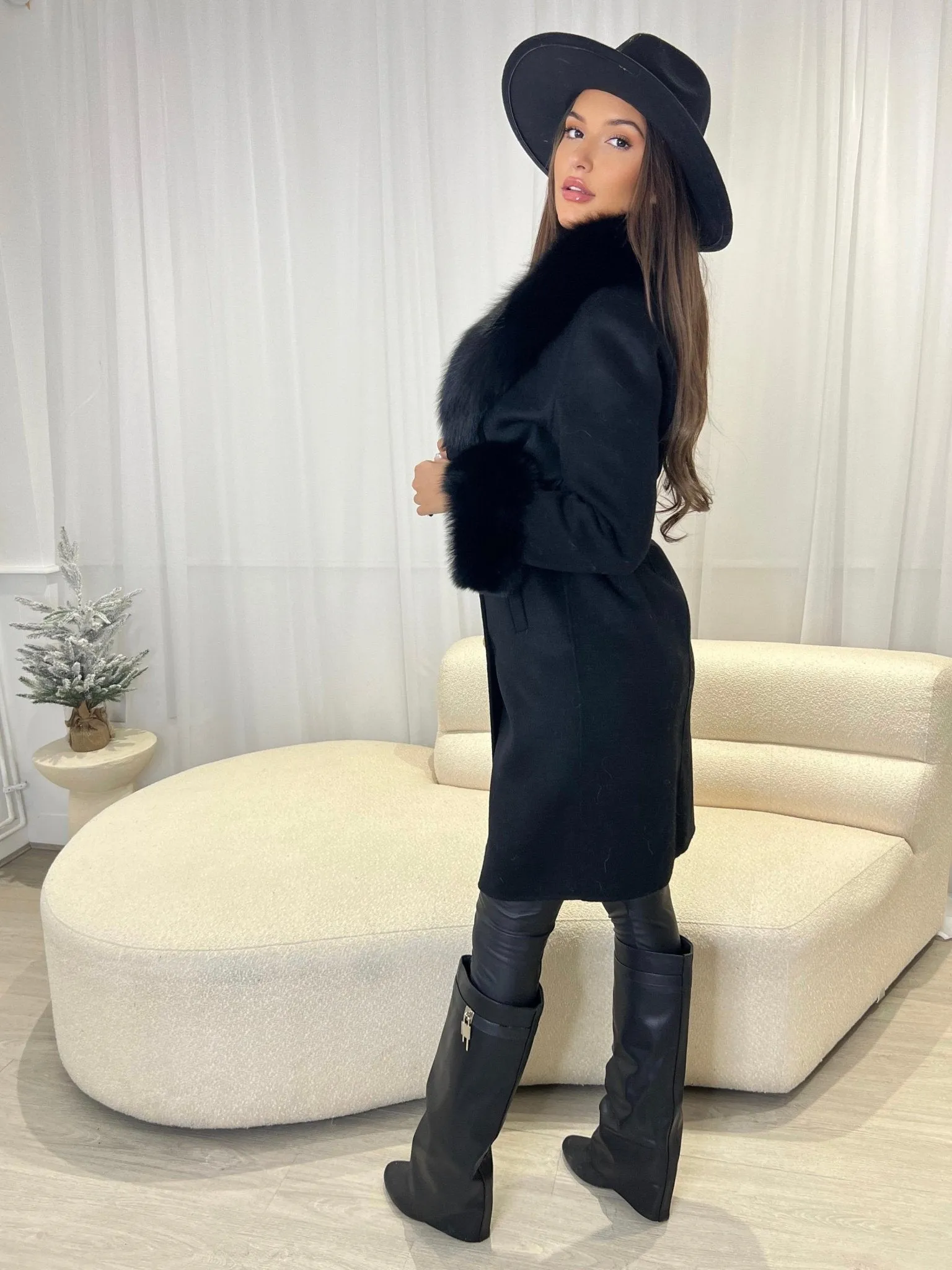 Black Luxury Fur Cashmere Coat