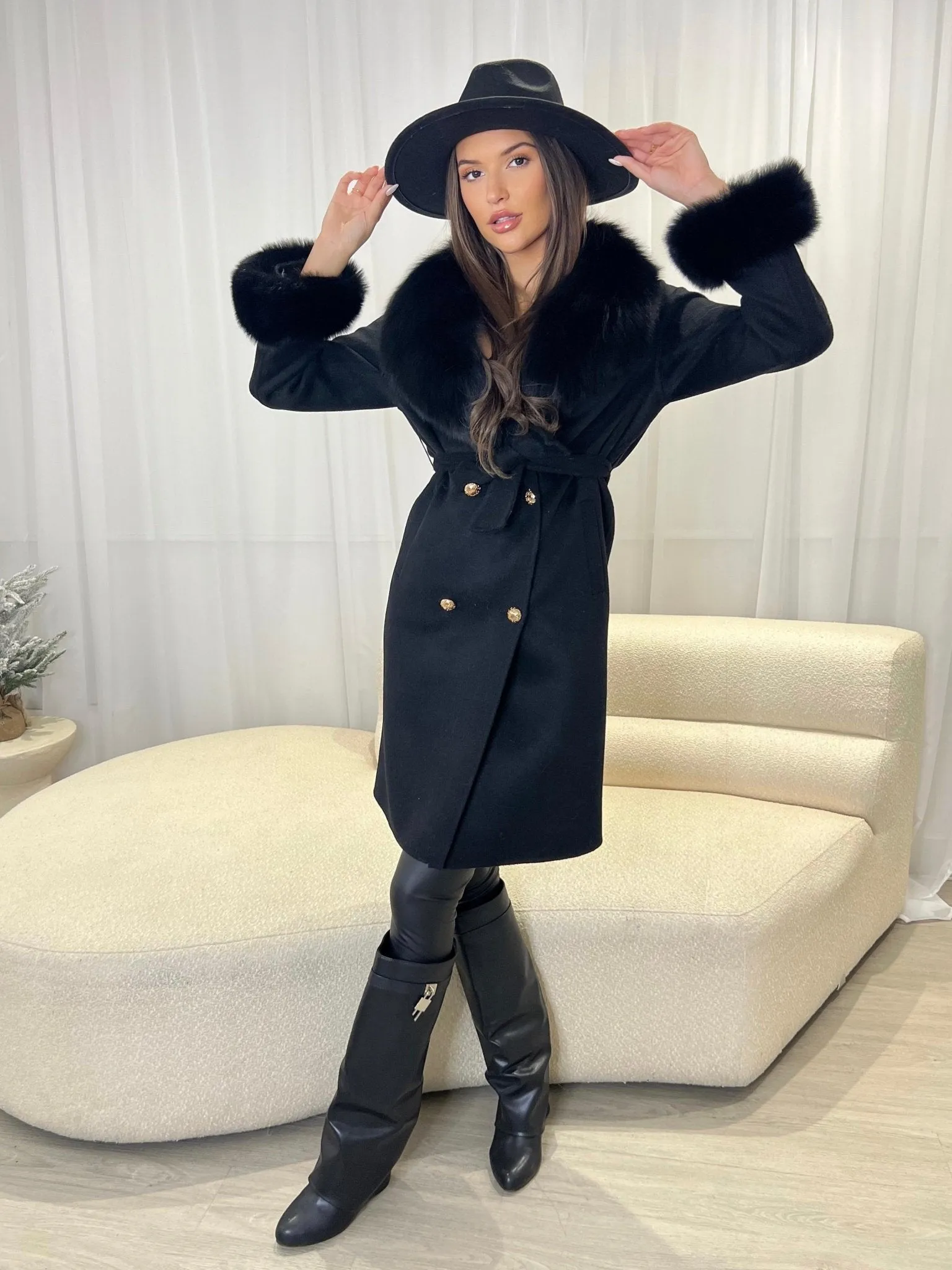 Black Luxury Fur Cashmere Coat