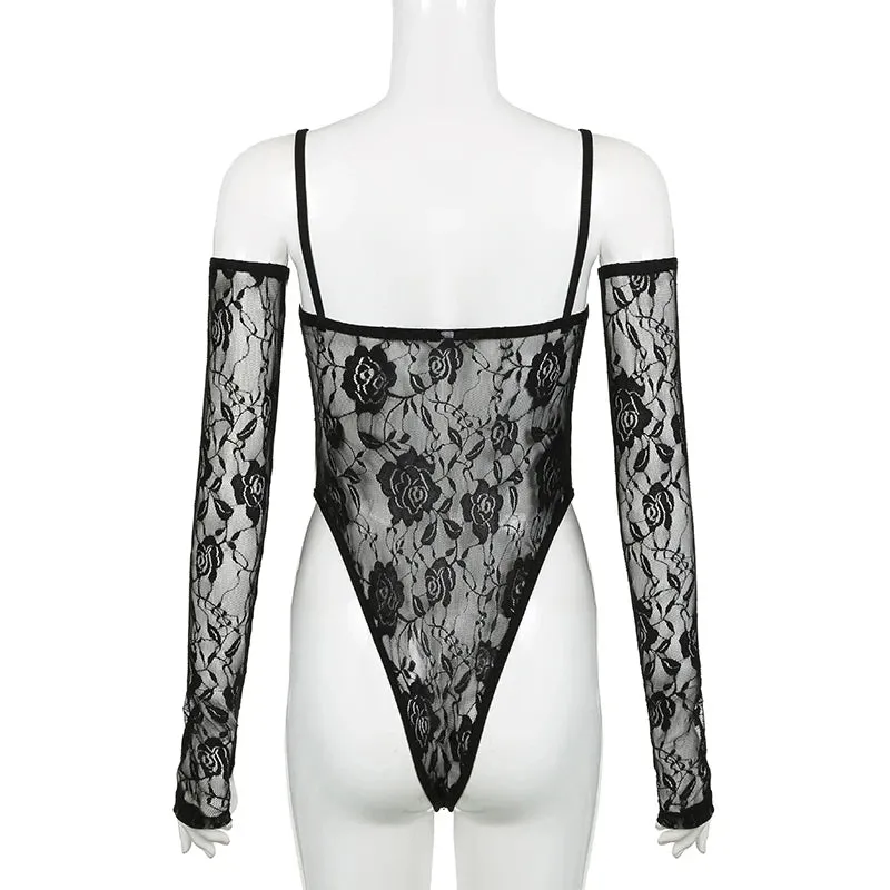 Black Patchwork Lace Bodysuit