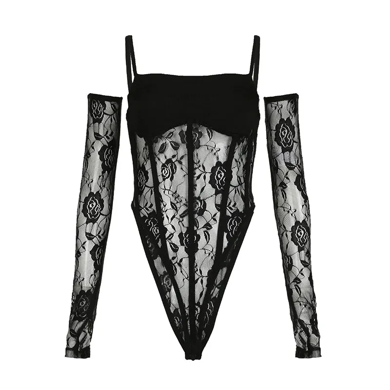 Black Patchwork Lace Bodysuit