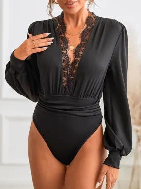 Black Plunge Neck Long Sleeve Bodysuit - Sexy Clubwear - Miss Petal