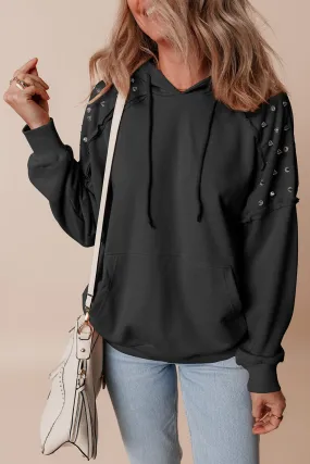 Black Solid Color Rivet Stud Raglan Sleeve Hoodie with Pocket