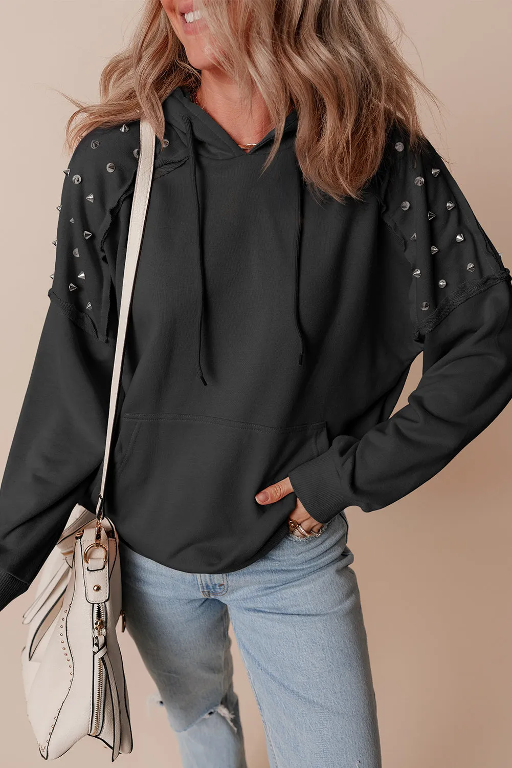 Black Solid Color Rivet Stud Raglan Sleeve Hoodie with Pocket