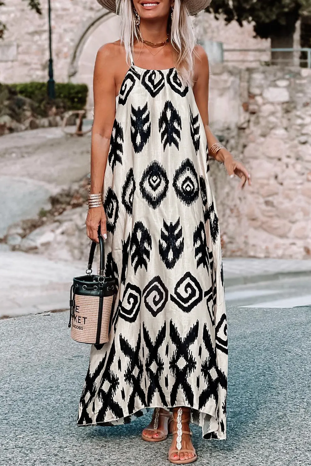 Black Western  Aztec Printed Fashion Vacation Sundress