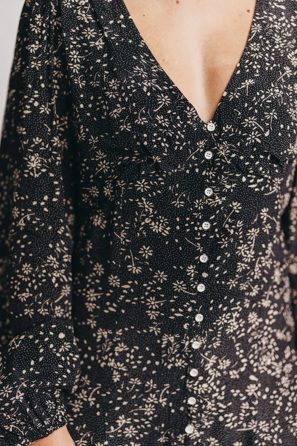 Brandi Long-Sleeve Button-Up Maxi Dress in Black Floral