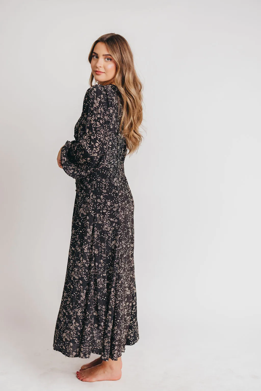 Brandi Long-Sleeve Button-Up Maxi Dress in Black Floral