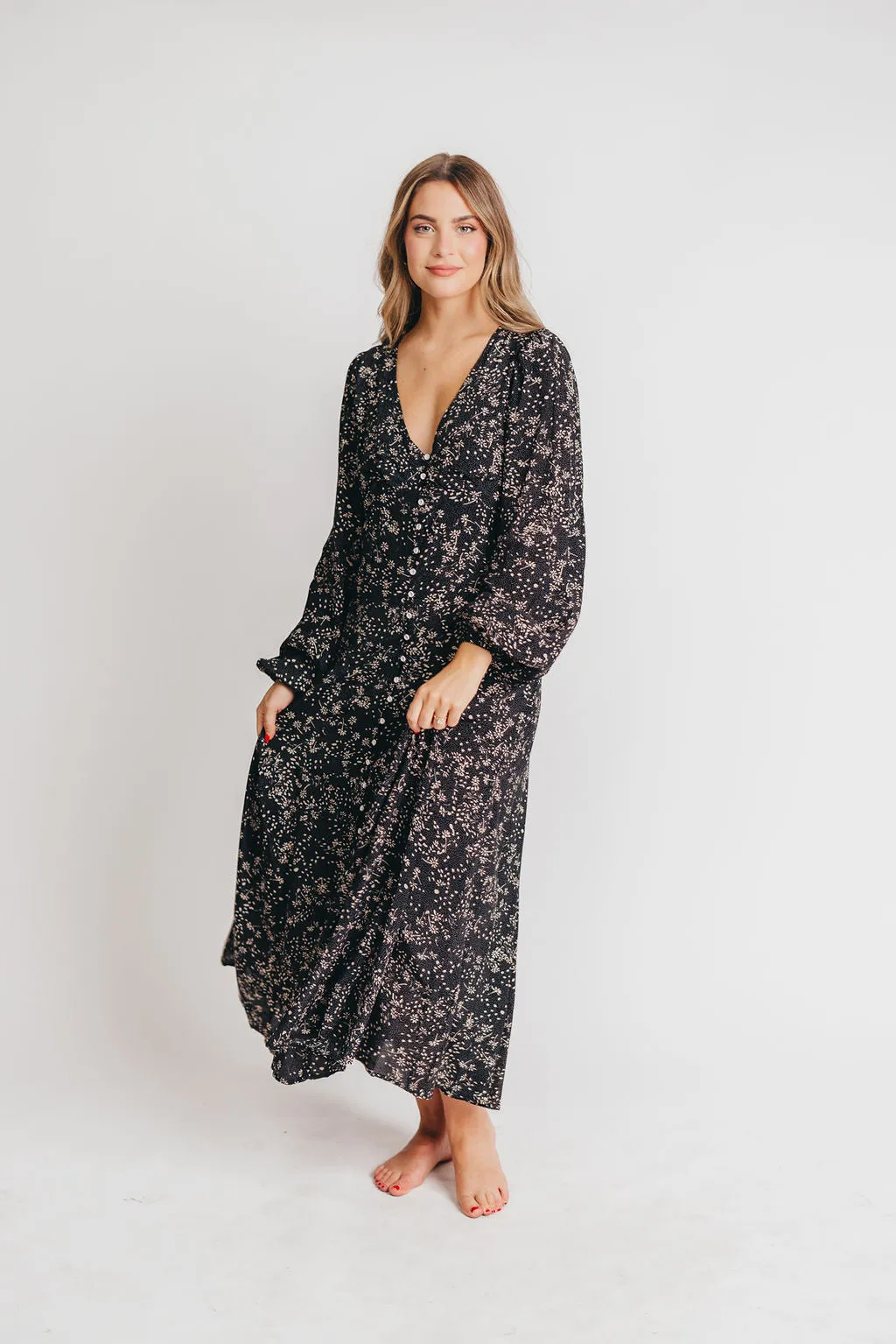 Brandi Long-Sleeve Button-Up Maxi Dress in Black Floral