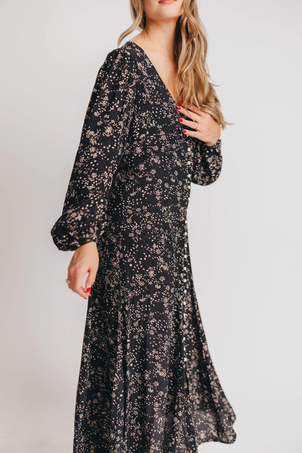 Brandi Long-Sleeve Button-Up Maxi Dress in Black Floral