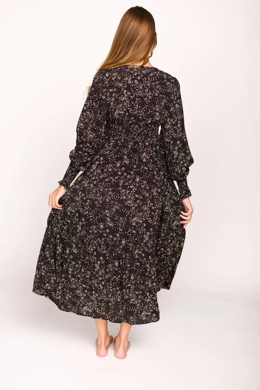 Brandi Long-Sleeve Button-Up Maxi Dress in Black Floral