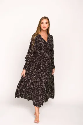 Brandi Long-Sleeve Button-Up Maxi Dress in Black Floral