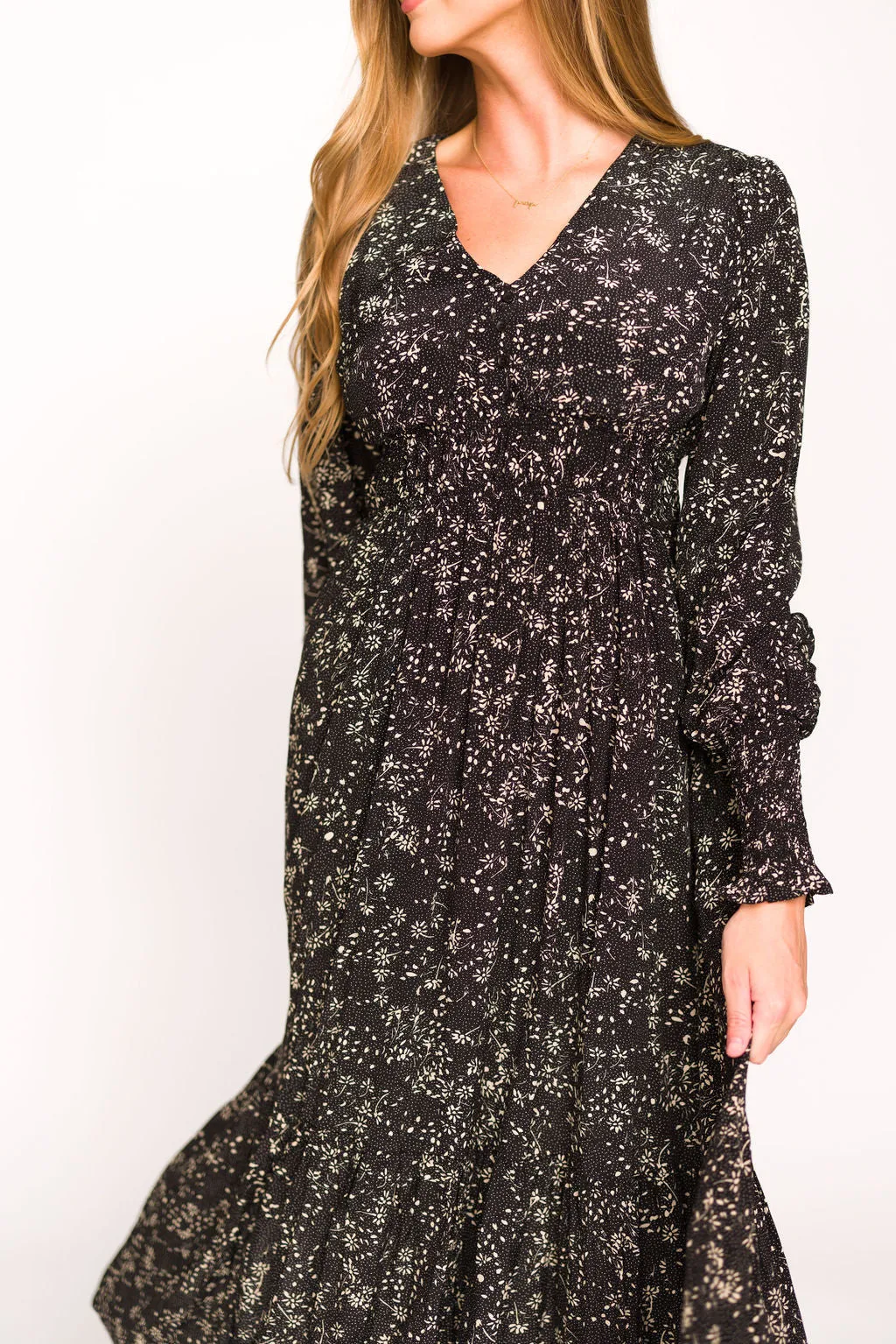 Brandi Long-Sleeve Button-Up Maxi Dress in Black Floral