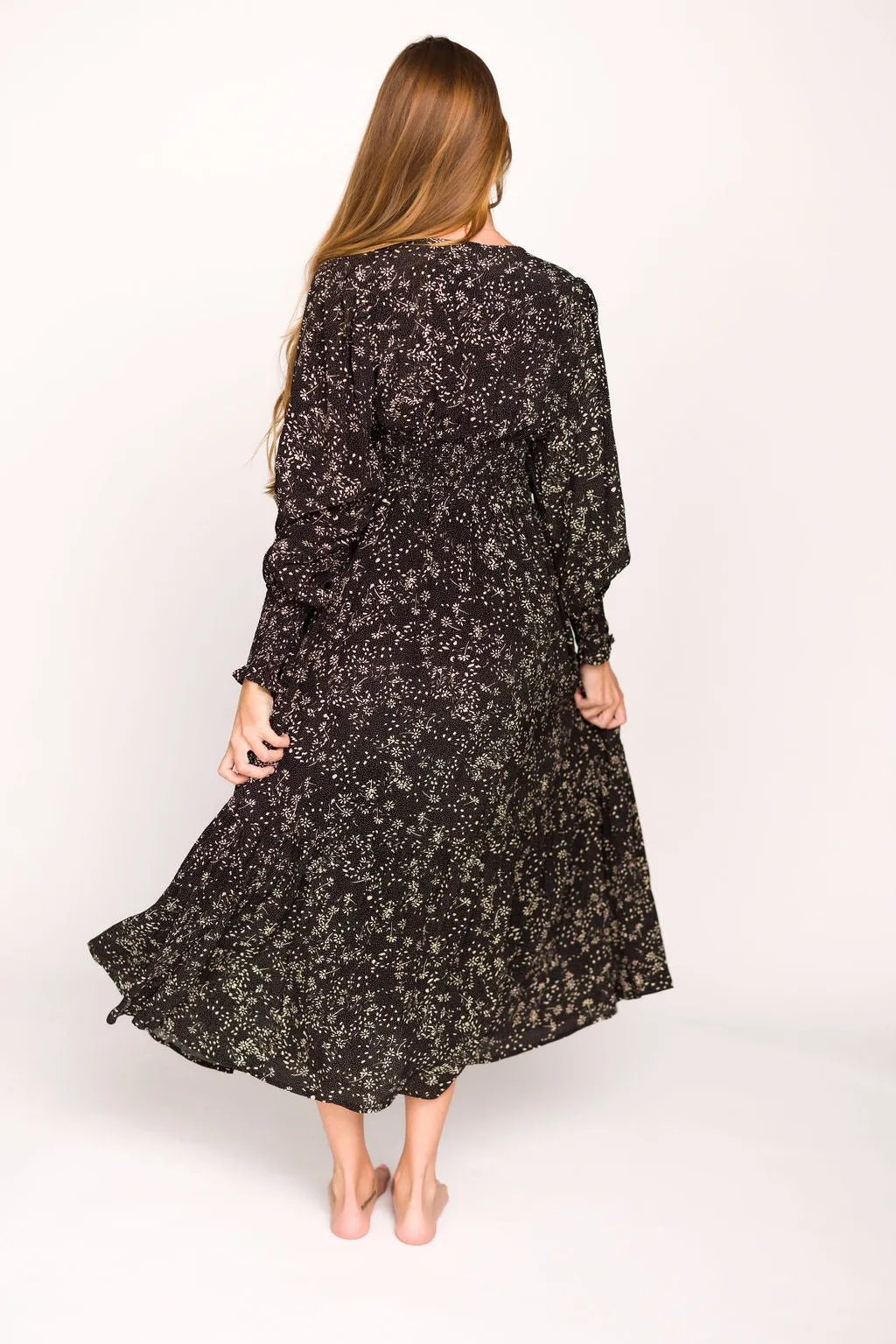 Brandi Long-Sleeve Button-Up Maxi Dress in Black Floral