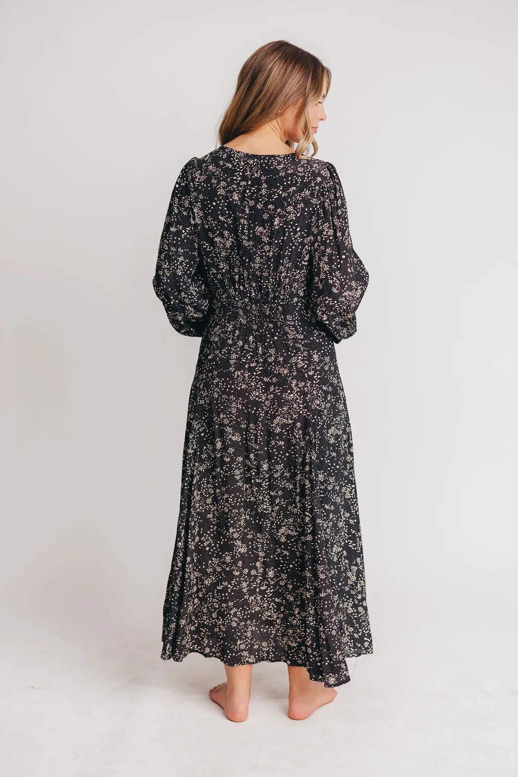 Brandi Long-Sleeve Button-Up Maxi Dress in Black Floral