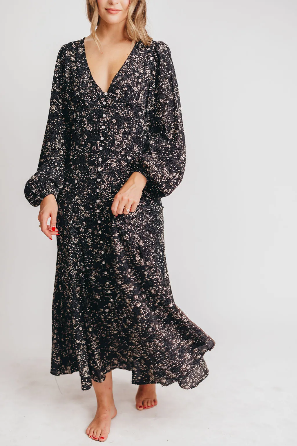 Brandi Long-Sleeve Button-Up Maxi Dress in Black Floral