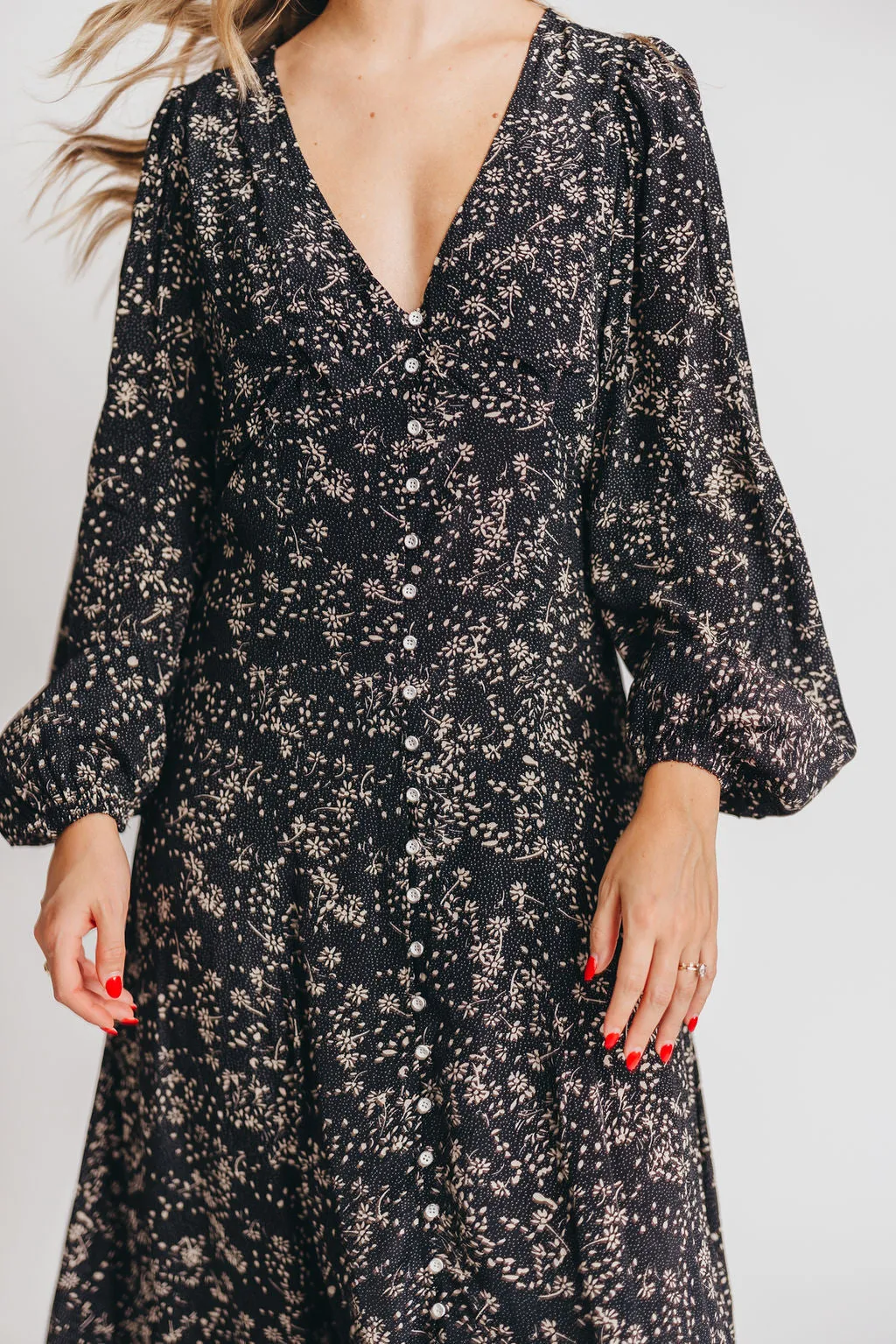 Brandi Long-Sleeve Button-Up Maxi Dress in Black Floral