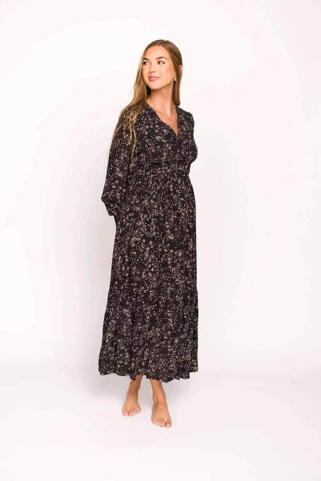 Brandi Long-Sleeve Button-Up Maxi Dress in Black Floral