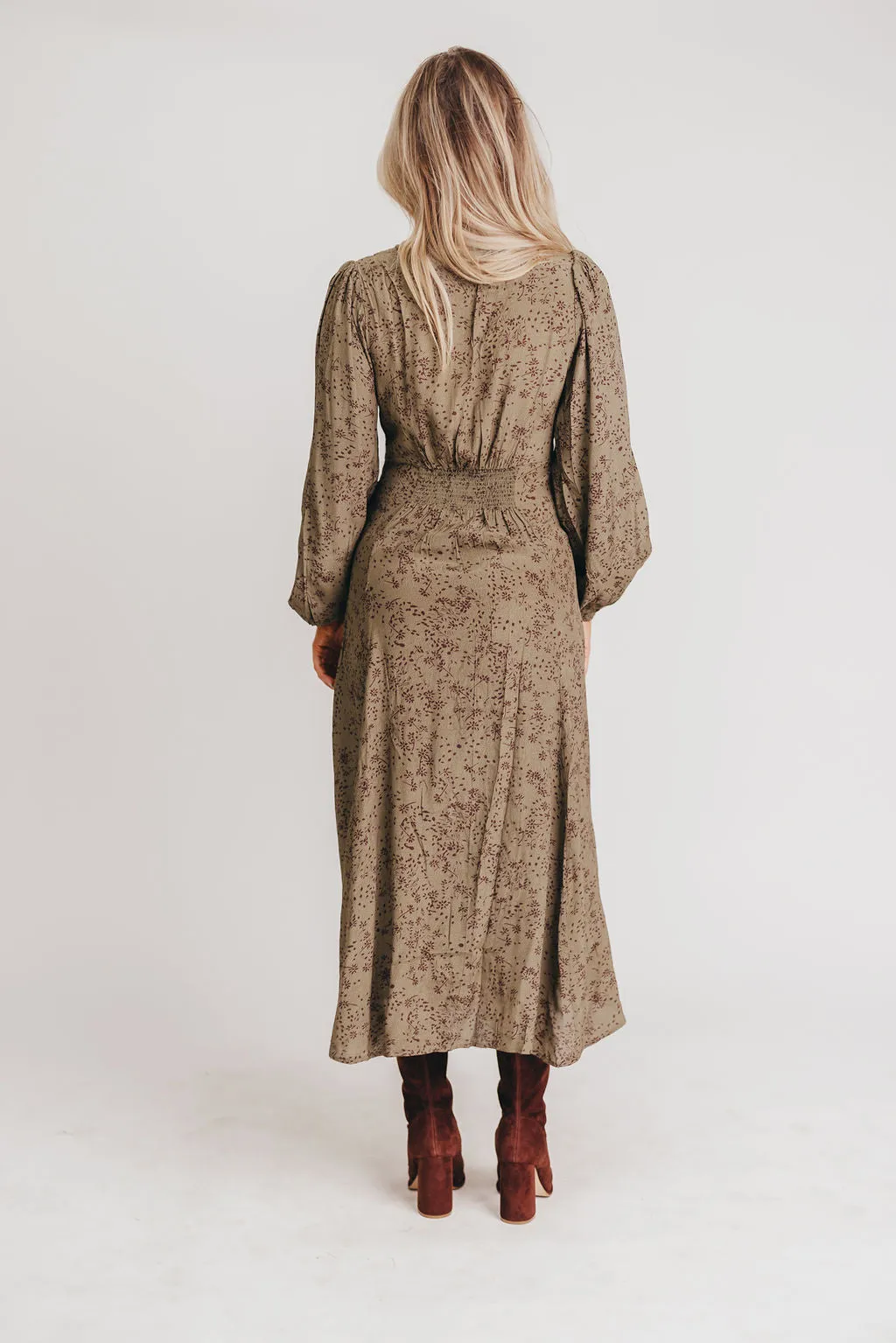 Brandi Long-Sleeve Button-Up Maxi Dress in Olive Floral