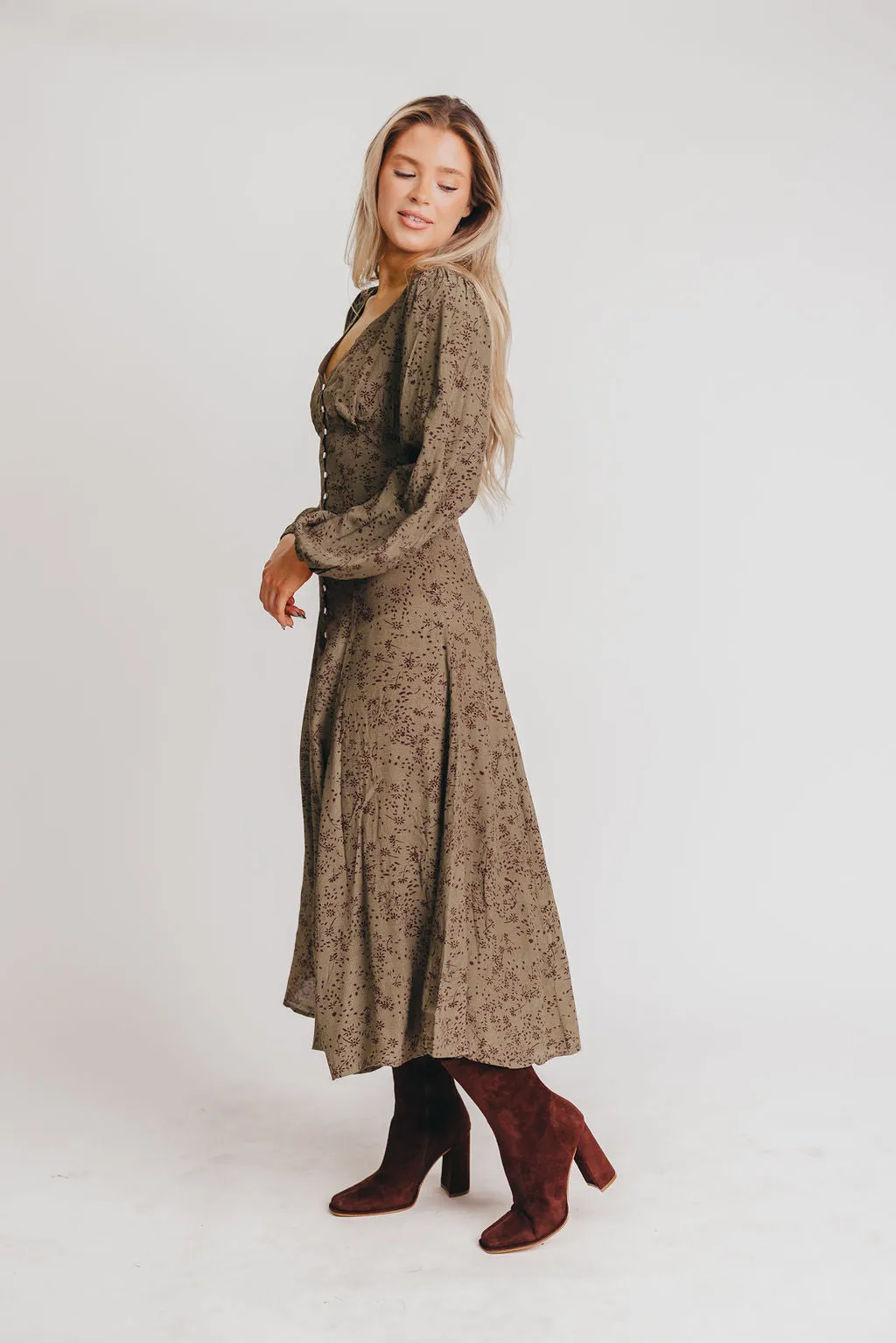 Brandi Long-Sleeve Button-Up Maxi Dress in Olive Floral