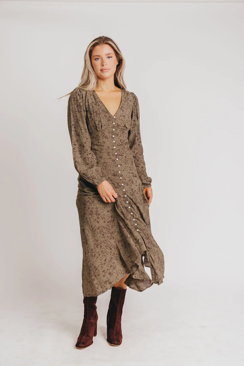 Brandi Long-Sleeve Button-Up Maxi Dress in Olive Floral