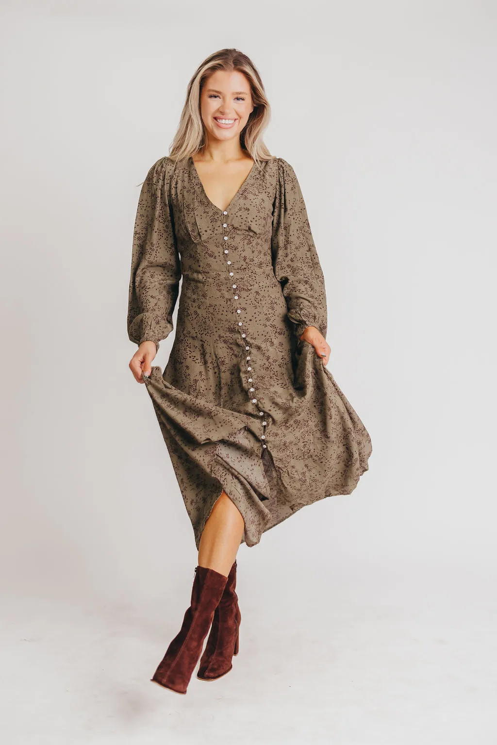 Brandi Long-Sleeve Button-Up Maxi Dress in Olive Floral