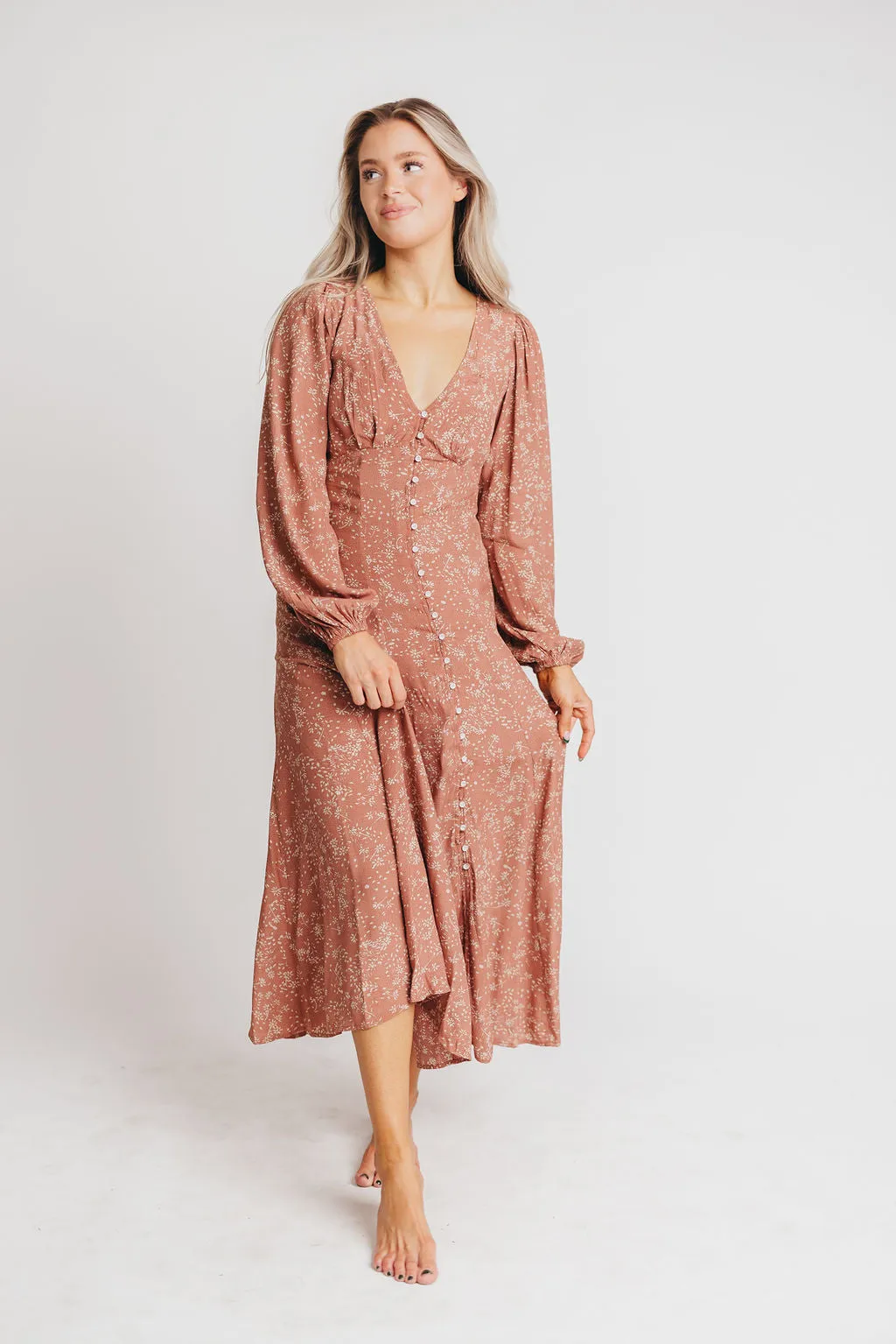 Brandi Long-Sleeve Button-Up Maxi Dress in Rosewood Floral